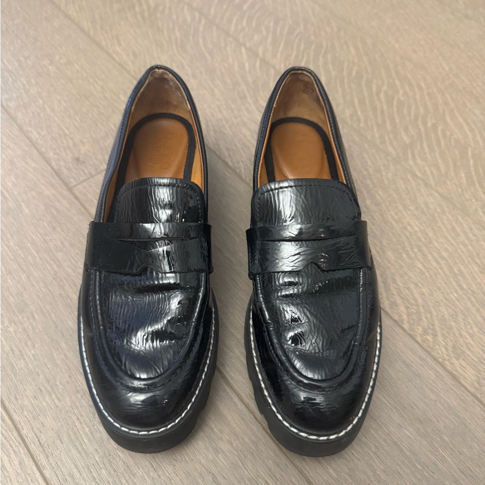 Franco Sarto Black Crinkle Patent Leather Loafers
